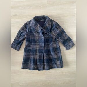 Womens Vintage Plaid Wool-Blend Coat in Navy and Brown Size L